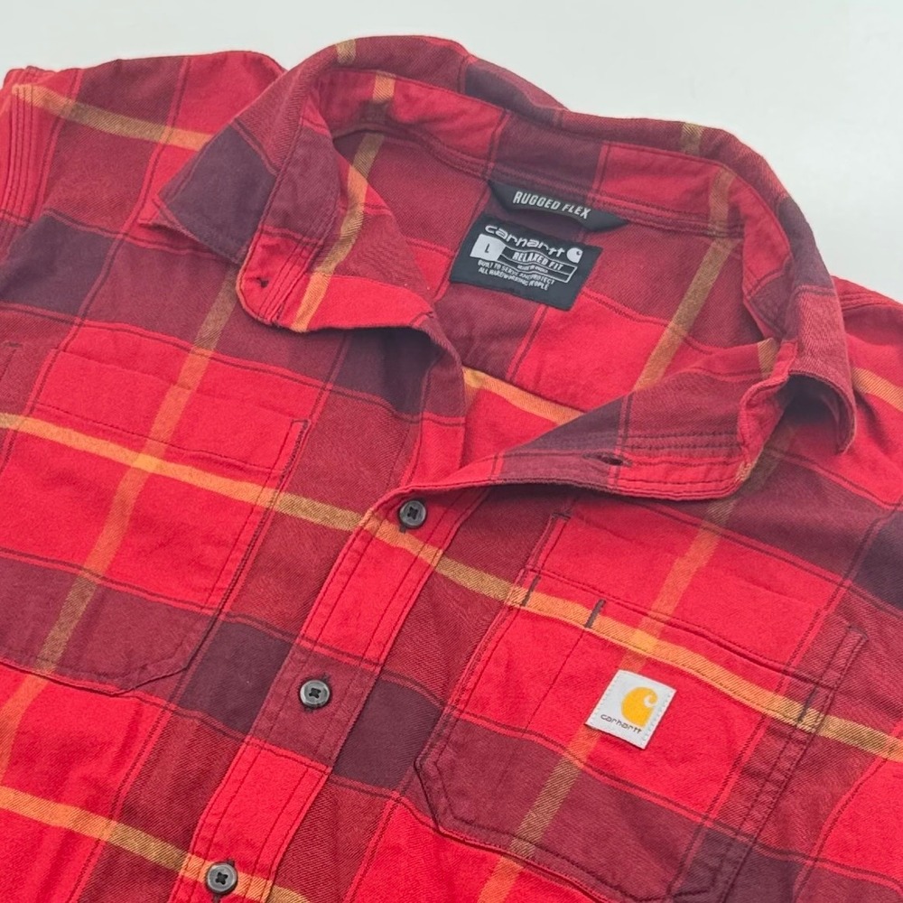 Carhartt Mens Rugged Flex Relaxed Fit Plaid Flannel Shirt Red Maroon L TW5945-M